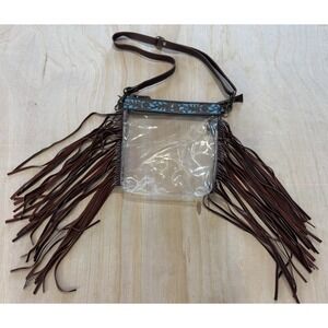 Myra Bag Clear Crossbody with Brown Fringe and Turquoise Trim